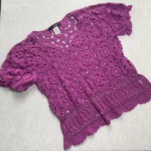 Bold Purple womens medium crochet boho see thru top chunky knit ruffle hem